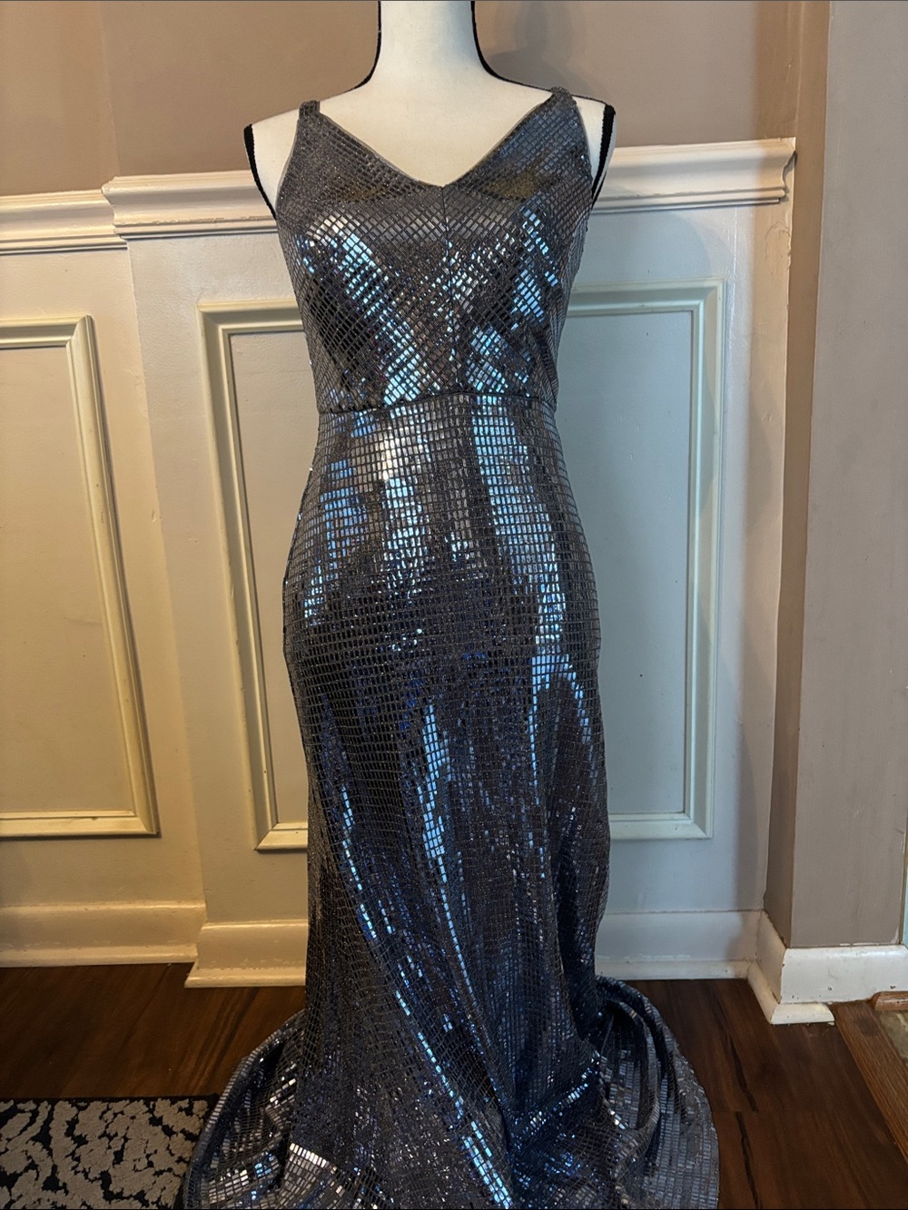 Silver Sequin V-Neck Maxi Dress